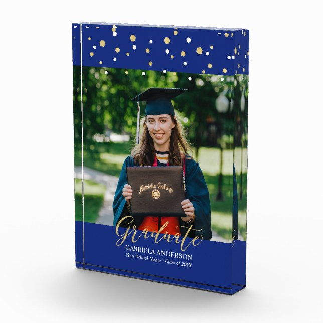 Royal Blue & Gold Confetti Graduation Gift Photo Block (Right)