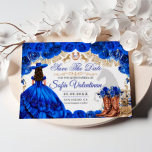 Royal Blue Gold Cowboy Quinceanera Save The Date