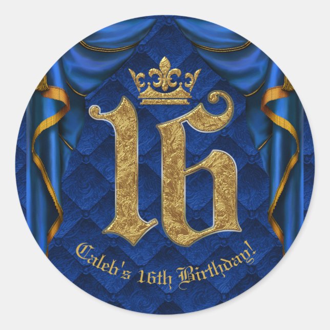 Royal Blue & Gold Crown 16 16th Birthday Party  Classic Round Sticker (Front)