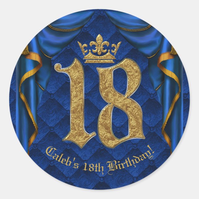 Royal Blue & Gold Crown 18 18th Birthday Party   Classic Round Sticker (Front)
