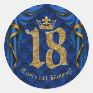 Royal Blue & Gold Crown 18 18th Birthday Party   Classic Round Sticker