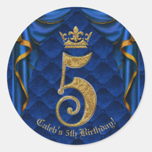 Royal Blue & Gold Crown 5 5th Birthday Party Classic Round Sticker