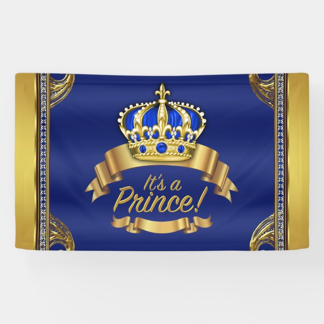 Royal Blue Gold Crown Blue Prince Baby Shower Banner (Horizontal)