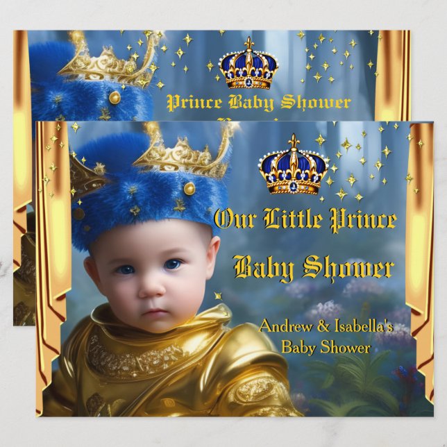 Royal Blue Gold Crown Drapes Prince Baby Shower Invitation (Front/Back)