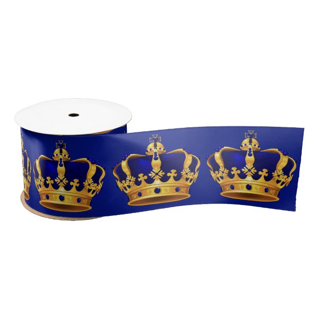 Royal Blue Gold Crown Fancy Prince Satin Ribbon (Spool)