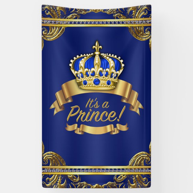 Royal Blue Gold Crown Prince Baby Shower Banner (Vertical)