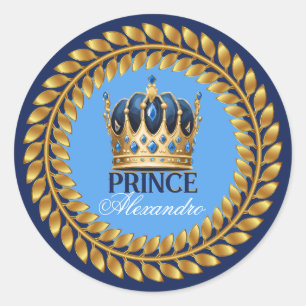 Royal Blue Gold Crown Prince Baby Shower/Birthday Classic Round Sticker