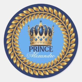Royal Blue Gold Crown Prince Baby Shower/Birthday Classic Round Sticker