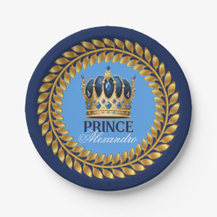 Royal Blue Gold Crown Prince Baby Shower/Birthday Paper Plate