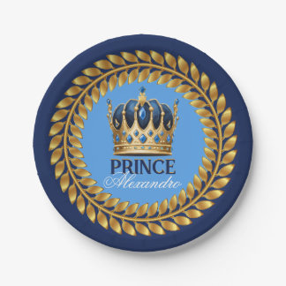 Royal Blue Gold Crown Prince Baby Shower/Birthday Paper Plate