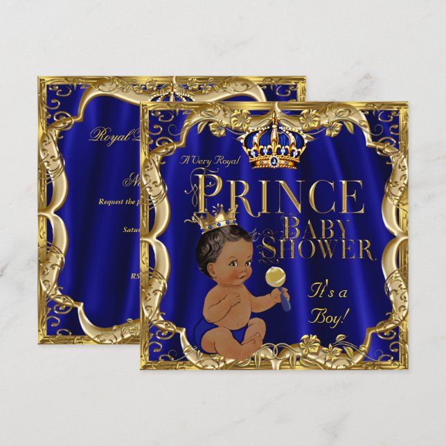 Royal Blue Gold Crown Prince Baby Shower Ethnic Invitation (Front/Back)
