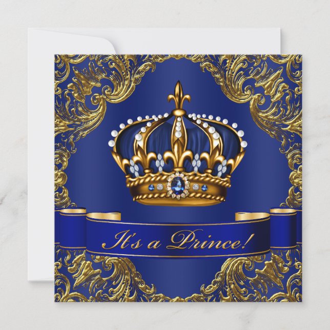 Royal Blue Gold Crown Prince Baby Shower Invitation (Front)