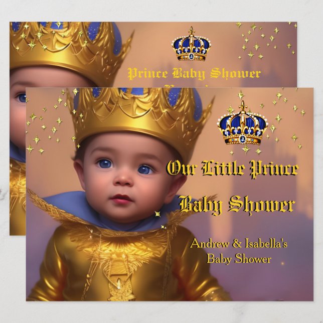 Royal Blue Gold Crown Prince Baby Shower Invitation (Front/Back)