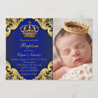 Royal Blue Gold Crown Prince Baptism Invitation