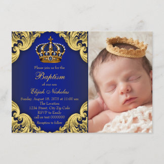 Royal Blue Gold Crown Prince Baptism Invitation