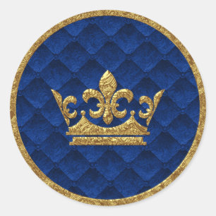 Royal Blue & Gold Crown Storybook Wedding Favour Classic Round Sticker