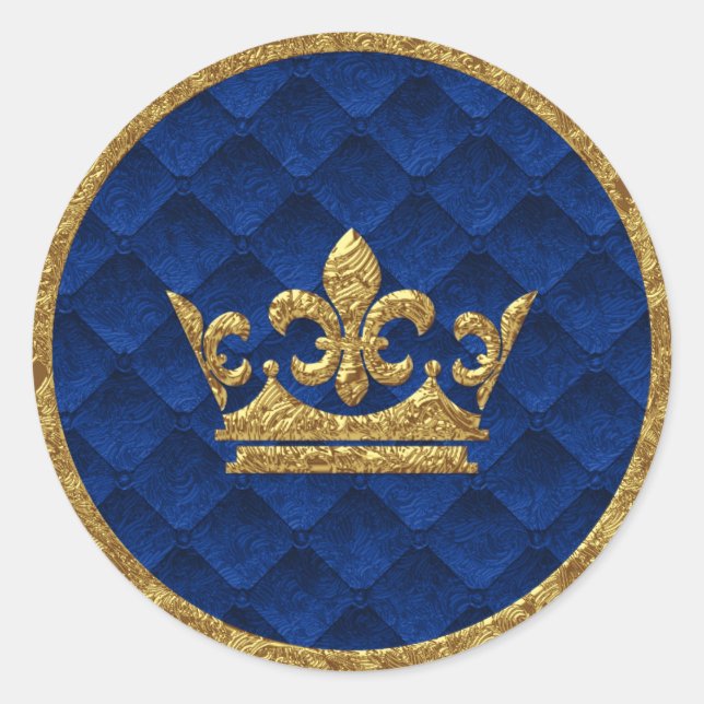 Royal Blue & Gold Crown Storybook Wedding Favour Classic Round Sticker (Front)