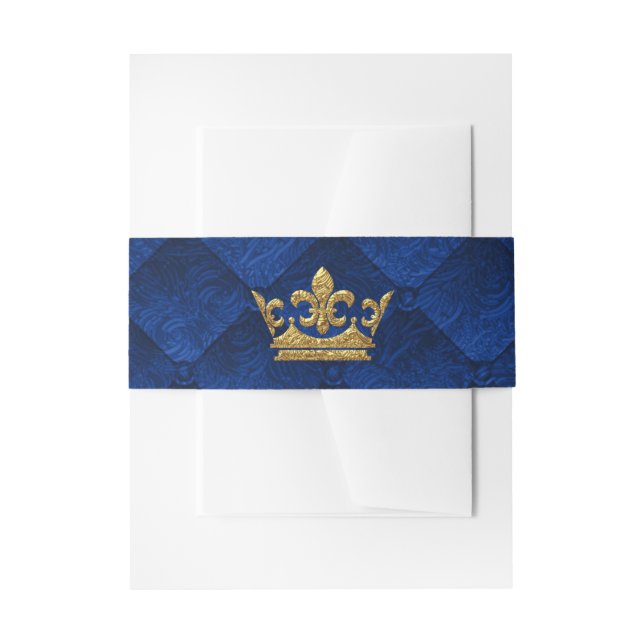Royal Blue & Gold Crown Storybook Wedding Invitation Belly Band (Front Example)