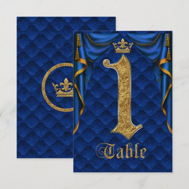 Royal Blue Gold Crown Wedding Table Number 1 (Front/Back)