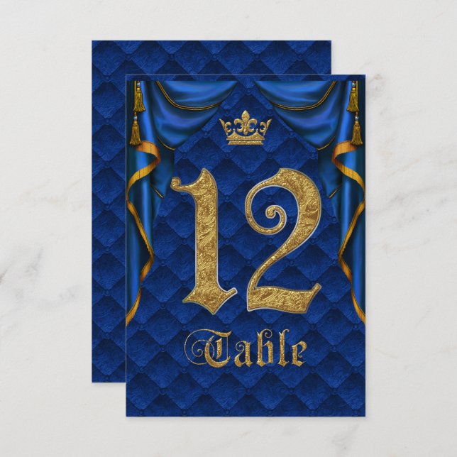Royal Blue Gold Crown Wedding Table Number 12 (Front/Back)