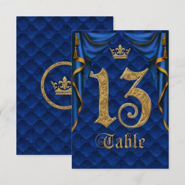 Royal Blue Gold Crown Wedding Table Number 13 (Front/Back)