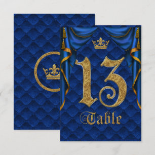 Royal Blue Gold Crown Wedding Table Number 13