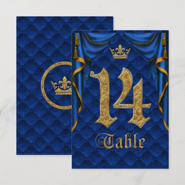 Royal Blue Gold Crown Wedding Table Number 14 (Front/Back)