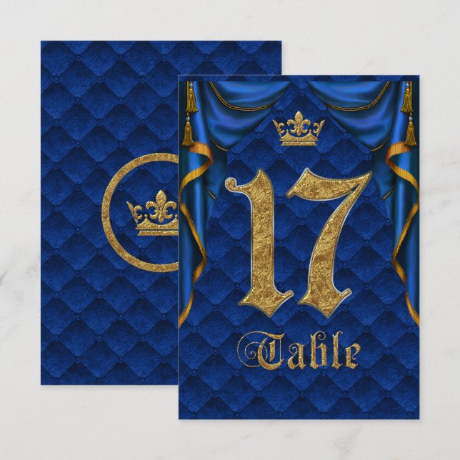 Royal Blue Gold Crown Wedding Table Number 17 (Front/Back)