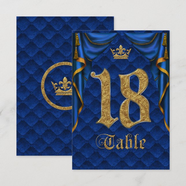 Royal Blue Gold Crown Wedding Table Number 18 (Front/Back)