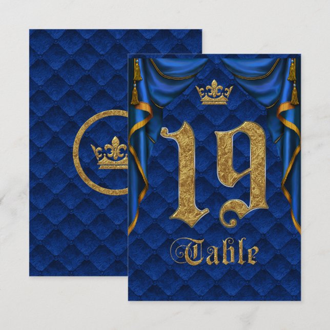 Royal Blue Gold Crown Wedding Table Number 19 (Front/Back)