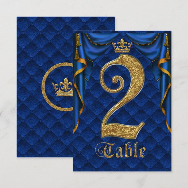 Royal Blue Gold Crown Wedding Table Number 2 (Front/Back)