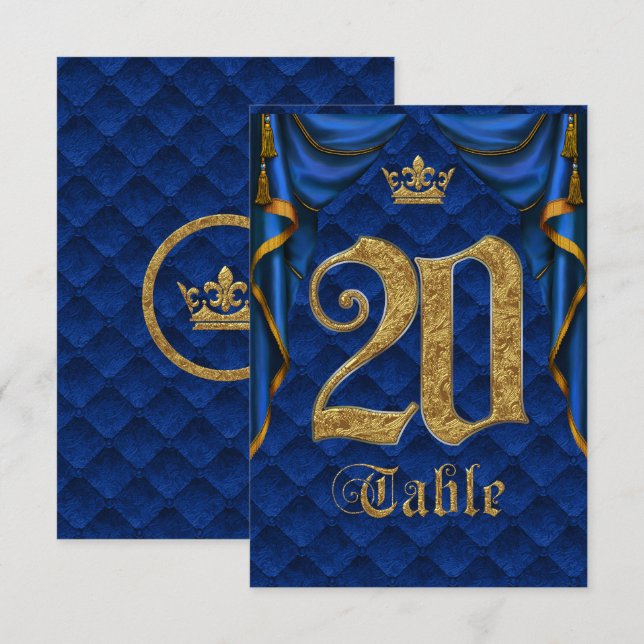 Royal Blue Gold Crown Wedding Table Number 20 (Front/Back)
