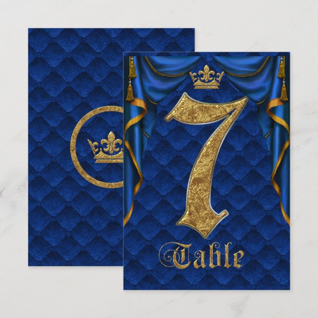 Royal Blue Gold Crown Wedding Table Number 7 (Front/Back)