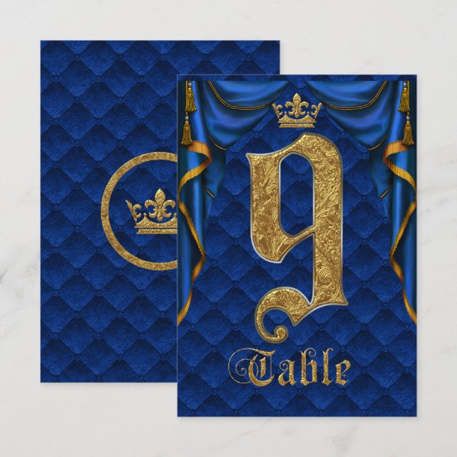 Royal Blue Gold Crown Wedding Table Number 9 (Front/Back)