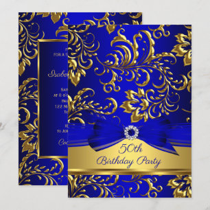 Royal Blue Gold Damask 50th birthday party Invitation