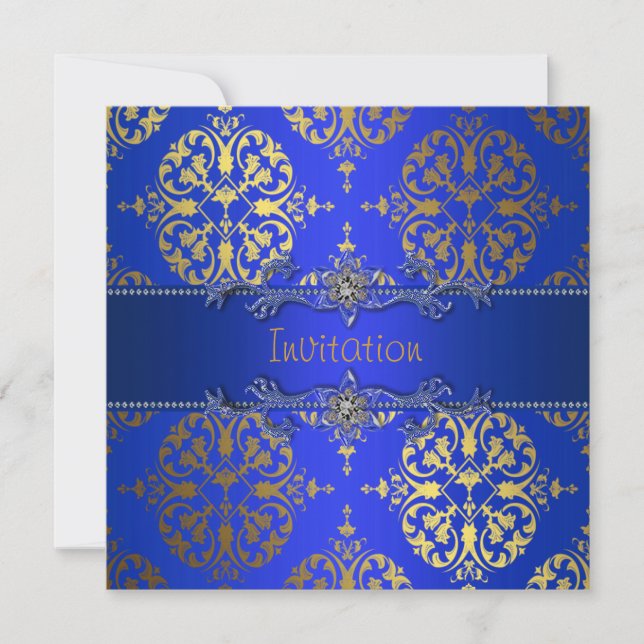 Royal Blue Gold Damask All Occasion Party Invitation (Front)