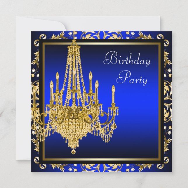 Royal Blue Gold Damask Chandelier Birthday Party I Invitation (Front)