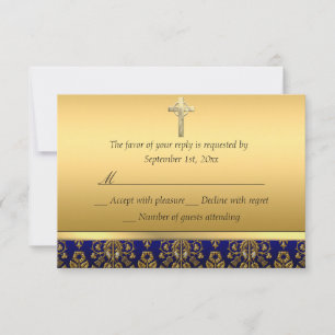 Royal Blue & Gold Damask Cross Baptism RSVP Card