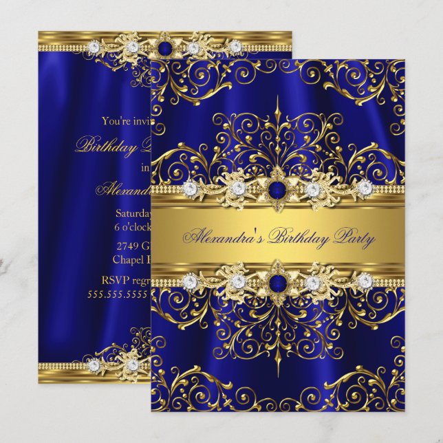 Royal Blue & Gold Damask Elegant Birthday Party Invitation (Front/Back)