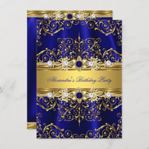 Royal Blue & Gold Damask Elegant Birthday Party Invitation