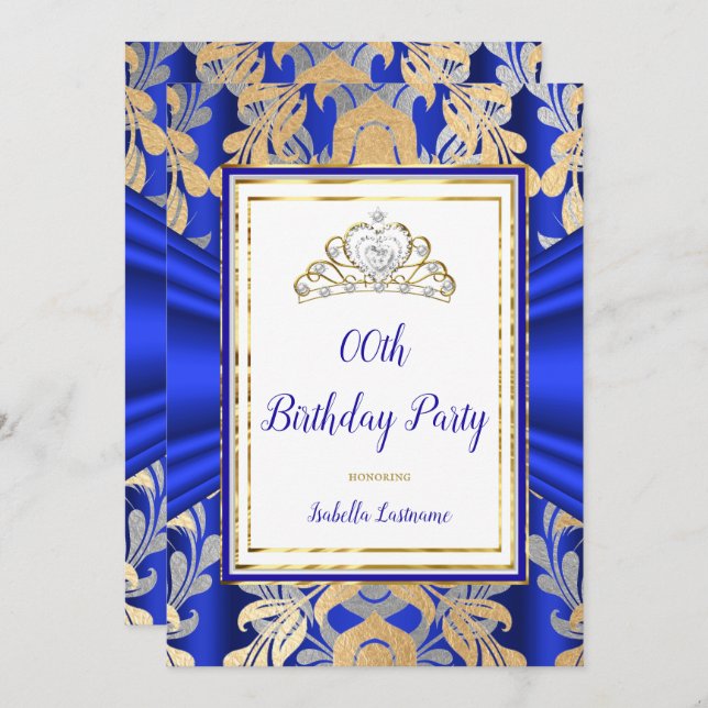 ROYAL Blue Gold Damask Grey Tiara Birthday Party Invitation (Front/Back)