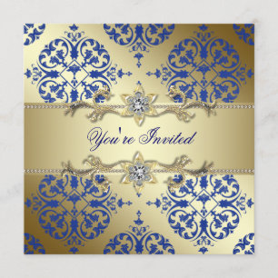 Royal Blue Gold Damask Party Invitations