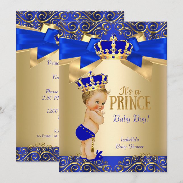 Royal Blue Gold Damask Prince Baby Shower Blonde Invitation (Front/Back)
