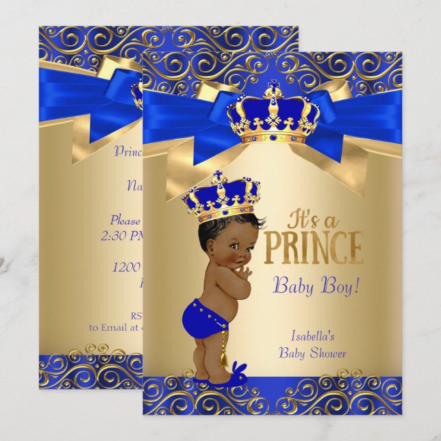 Royal Blue Gold Damask Prince Baby Shower Ethnic Invitation (Front/Back)