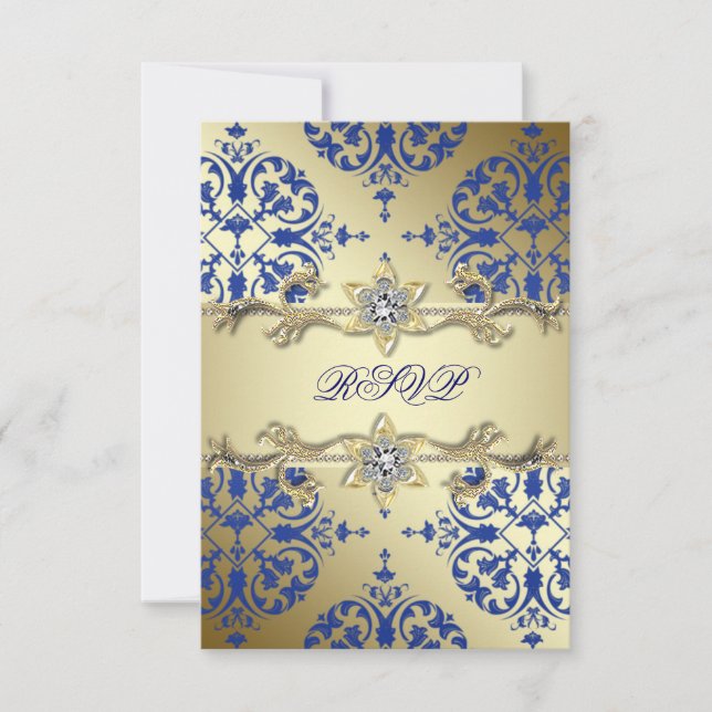 Royal Blue Gold Damask RSVP Card (Front)