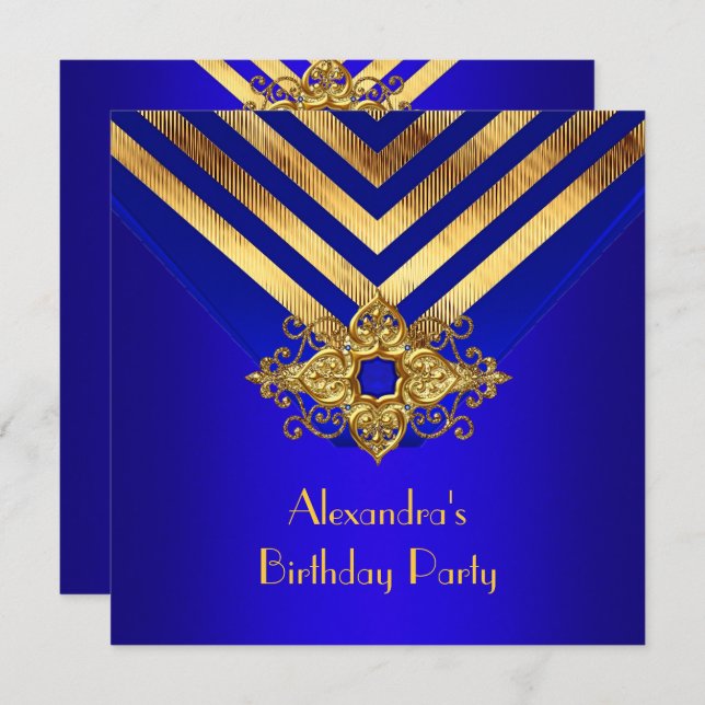Royal Blue Gold Deco Stripe Birthday Party Invitation (Front/Back)