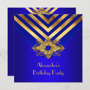 Royal Blue Gold Deco Stripe Birthday Party Invitation