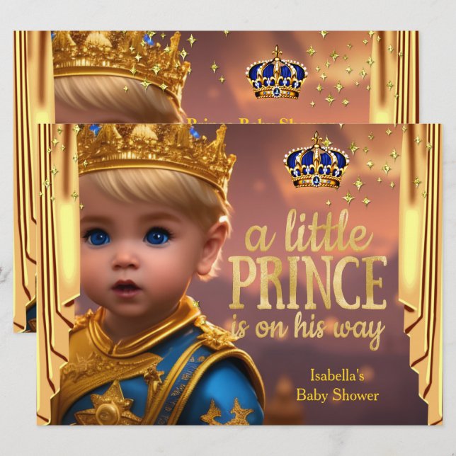 Royal Blue Gold Drapes Prince Baby Shower Blonde Invitation (Front/Back)