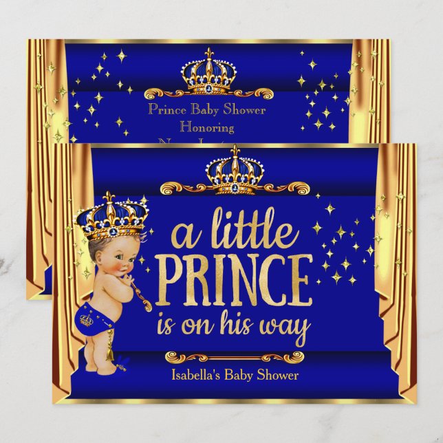 Royal Blue Gold Drapes Prince Baby Shower Brunette Invitation (Front/Back)