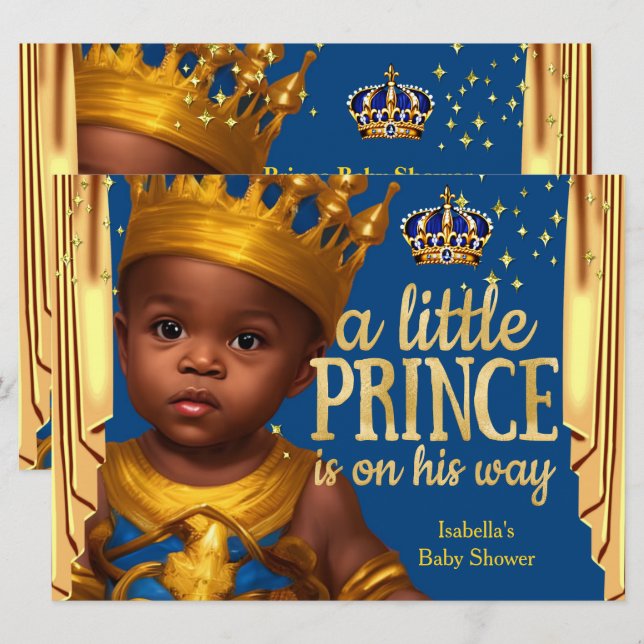 Royal Blue Gold Drapes Prince Baby Shower Ethnic Invitation (Front/Back)